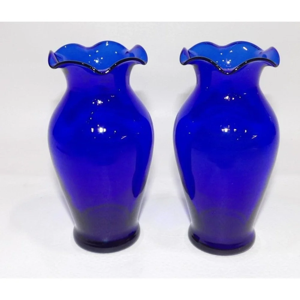 Cobalt Blue Glass Vases Set of 2 Ruffled Rim 5 Inch Decorative Flower Vessels